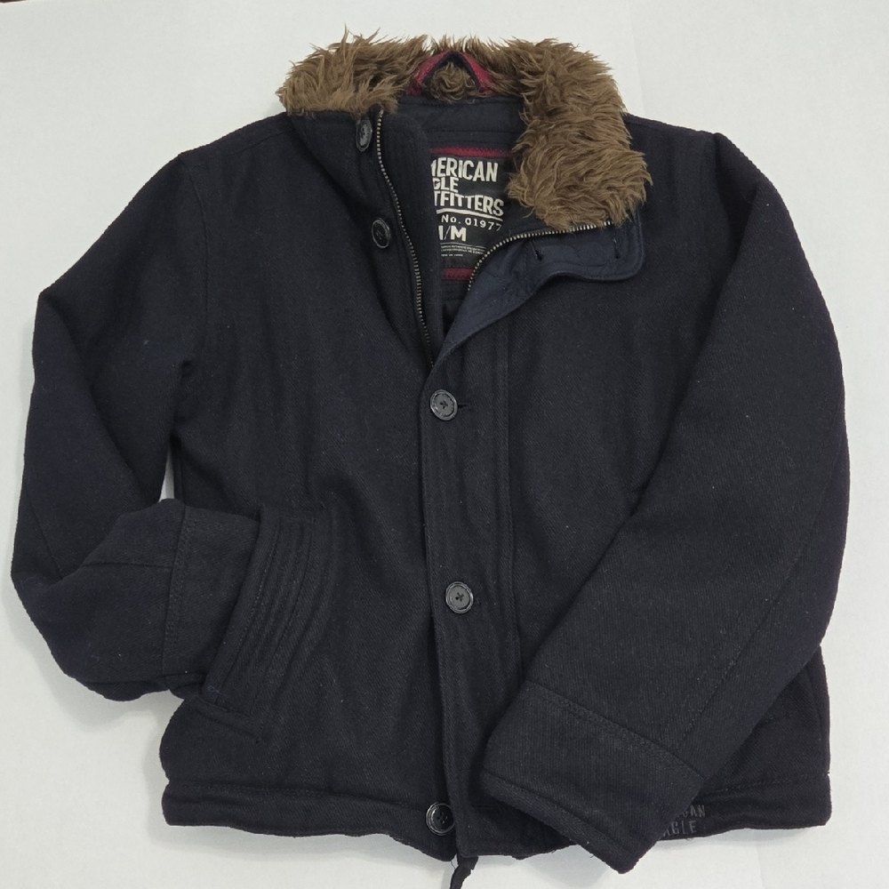 NEW American Eagle Men's Black Wool Jacket with Faux Fur Collar Size M - NWOT